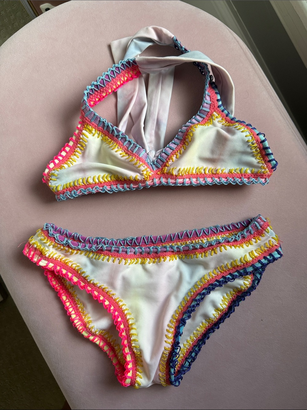 PQ Platinum Swimwear White Crochet-Trim Bikini Set with Neon Accent